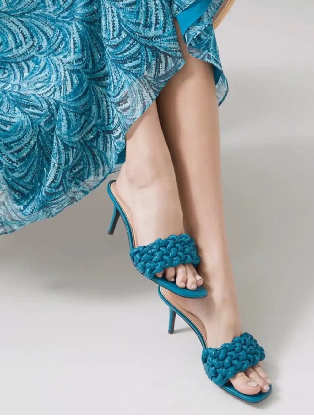 WHBM BRAIDED TEAL SLIDES
